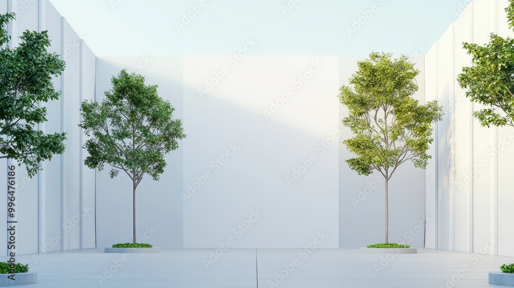 A serene courtyard featuring two lush trees amidst minimalistic white walls and bright, open sky, evoking tranquility and modern design. A serene courtyard featuring two lush trees amidst minimalistic white walls and bright, open sky, evoking tranquility and modern design.