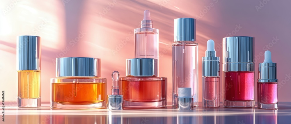 Fototapeta premium Clean and modern composition highlighting a selection of cosmetic serums and moisturizers