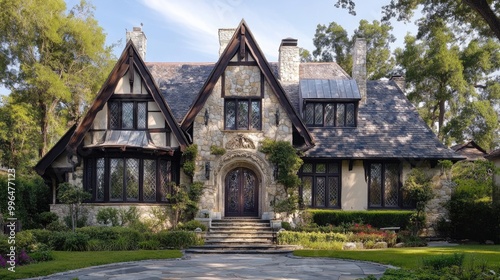 Whimsical gothic style home featuring an exterior design adorned with vertical mosaic stone tiles photo