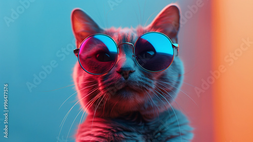 A cat wearing sunglasses isolated on colorful background