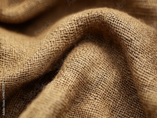 Textured close up of coarse burlap fabric fibers enhancing rustic tactile quality for warm natural background feel