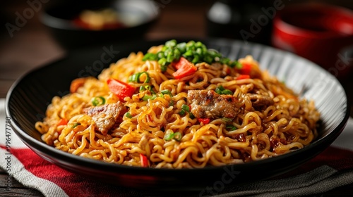 Delectable Japanese yakisoba stir fried noodles with savory protein and crunchy vegetables artfully arranged by a focused Japanese chef on the Japanese flag background with free copy space