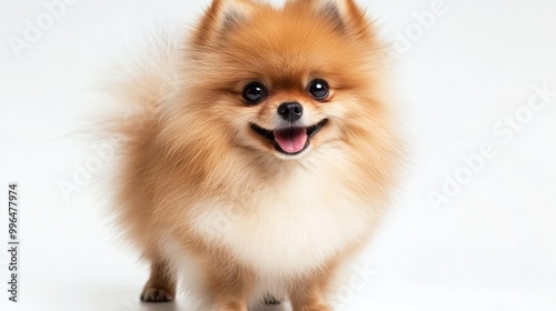 Pomeranian with fluffy fur, smiling face, realistic texture, isolated on white background