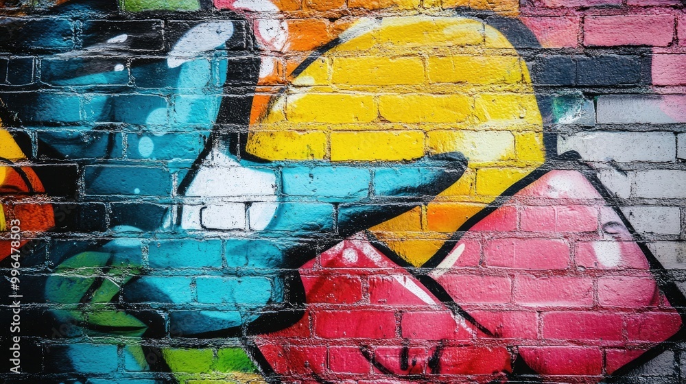 Vibrant graffiti art displayed on an aged brick wall Vibrant graffiti art displayed on an aged brick wall