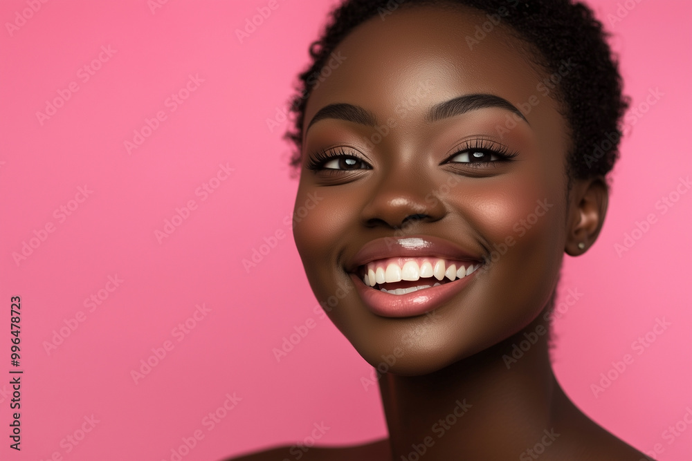 an africanwoman smiles in the studio on pink background. happy model an africanwoman smiles in the studio on pink background. happy model