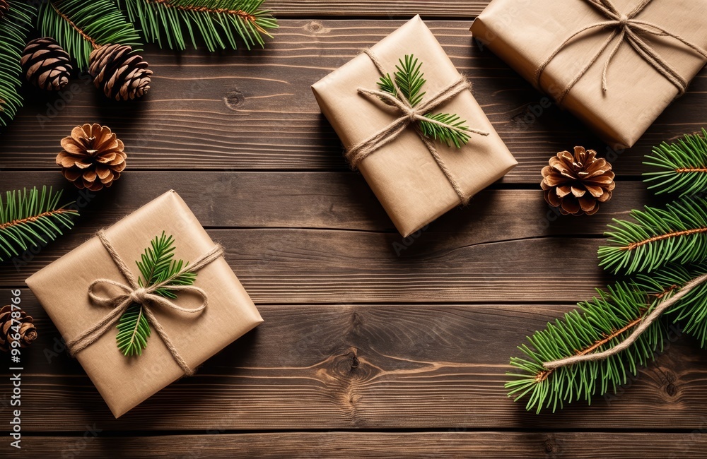 Christmas gifts wrapped in recycled paper with twine and pinecones Christmas gifts wrapped in recycled paper with twine and pinecones