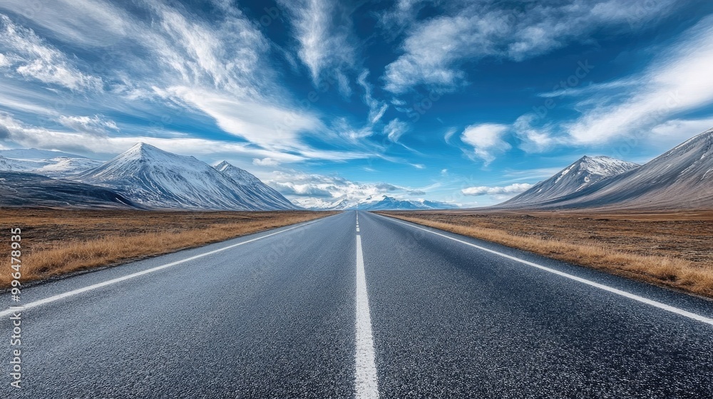 Naklejka premium Empty asphalt road with a stunning sky and mountain backdrop