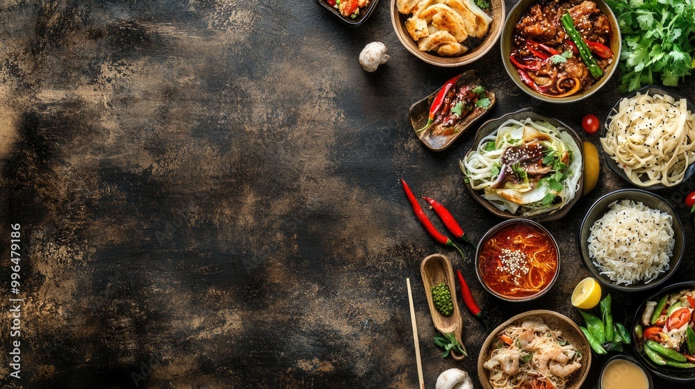 Assortment of Asian dishes on a rustic backdrop viewed from above with ample space for text on the left side highlighting the theme of Asian cuisine Assortment of Asian dishes on a rustic backdrop viewed from above with ample space for text on the left side highlighting the theme of Asian cuisine