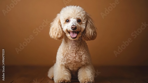 Affectionate Standard Poodle happy head portrait on a brown background in the studio