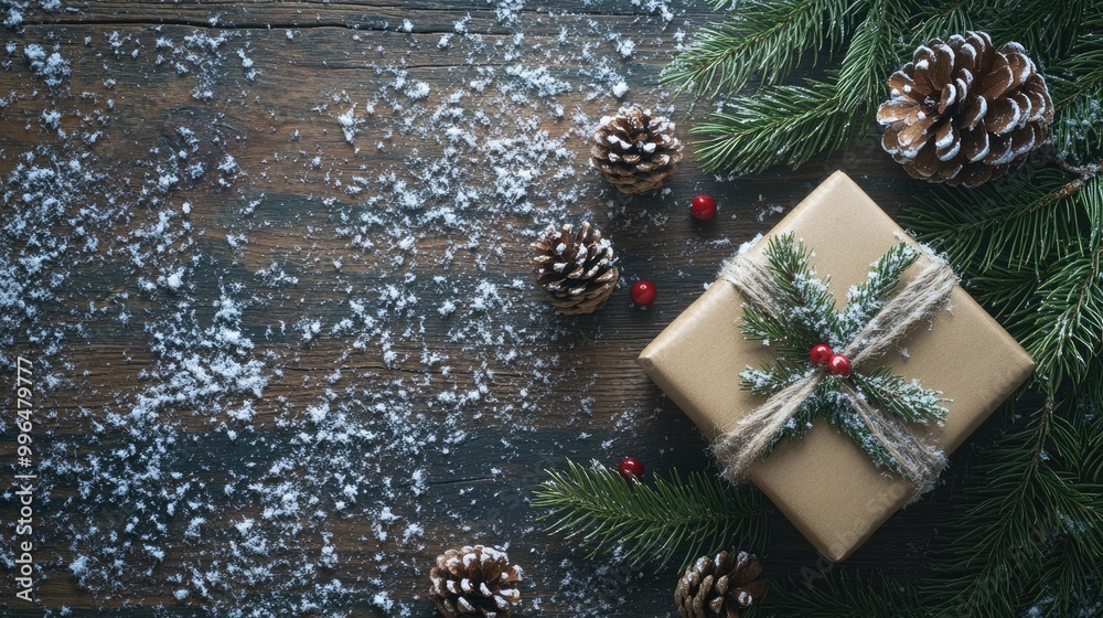 Fototapeta premium Christmas themed background featuring a gift box fir tree and conifer cone on a rustic wooden surface with a snow effect Flat lay composition