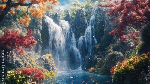 A stunning waterfall flows over lush cliffs enveloped by colorful plant life Ideal for nature articles travel guides wellness themes or a calming background image photo