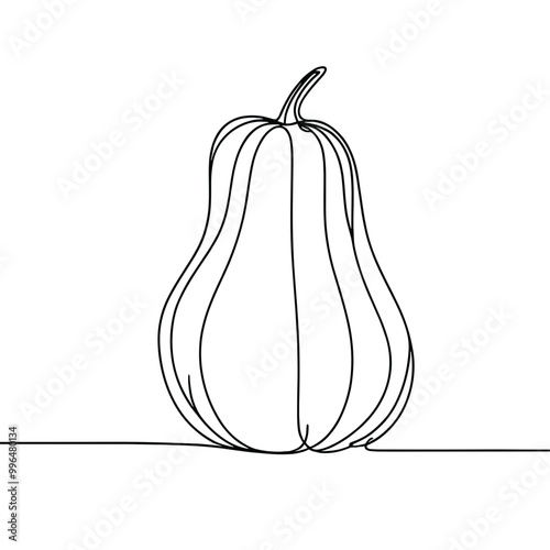 A pumpkin is drawn in black and white. The pumpkin is sitting on a table. The pumpkin is the main focus of the image