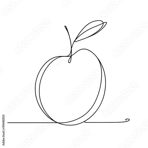 A simple drawing of an apple with a stem. The apple is the main focus of the image, and the stem is drawn in a way that it is growing out of the apple. The image has a minimalist and clean look