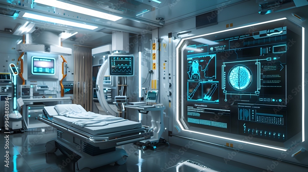 Futuristic Hospital Room with Smart Monitors and Devices for Personalized Real Time Treatment Futuristic Hospital Room with Smart Monitors and Devices for Personalized Real Time Treatment