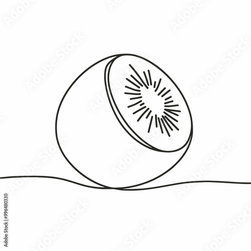 A close up of a kiwi fruit with a black outline. The kiwi is sliced in half and the seeds are visible. The image has a simple and clean look, with the focus on the fruit itself