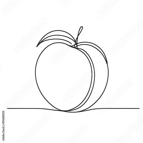 A peach is shown in a black and white drawing. The drawing is simple and clean, with the peach being the main focus. The peach is positioned on a white background, and its stem is visible