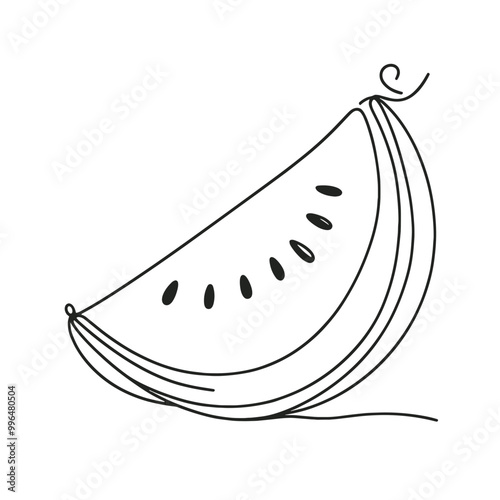 A watermelon slice is shown in black and white. The slice is cut in half, and the seeds are visible. The image has a simple and clean look, with the focus on the watermelon slice