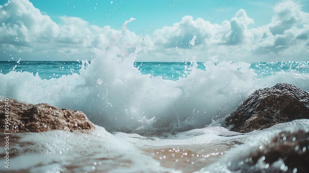 Obraz premium Stunning view of ocean waves crashing onto rocks under a cloudy sky, capturing the raw natural beauty and power of the sea.