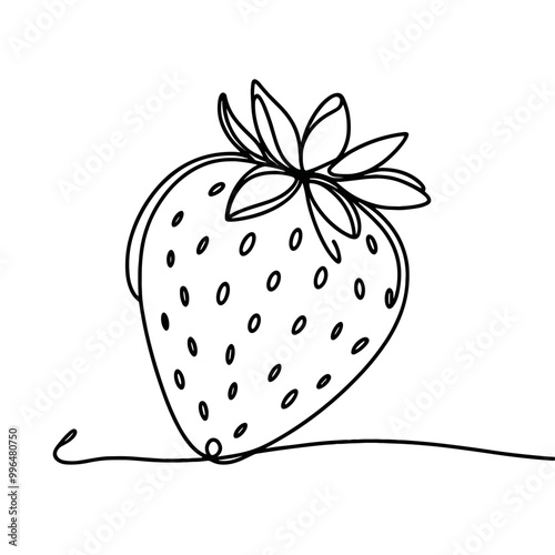 A strawberry is drawn in black and white. The drawing is simple and clean, with the focus on the fruit itself. Concept of freshness and natural beauty, as well as the idea of a healthy snack