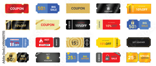 Various coupon promotion illustration set.Discount coupons, gift vouchers isolated on white background.
