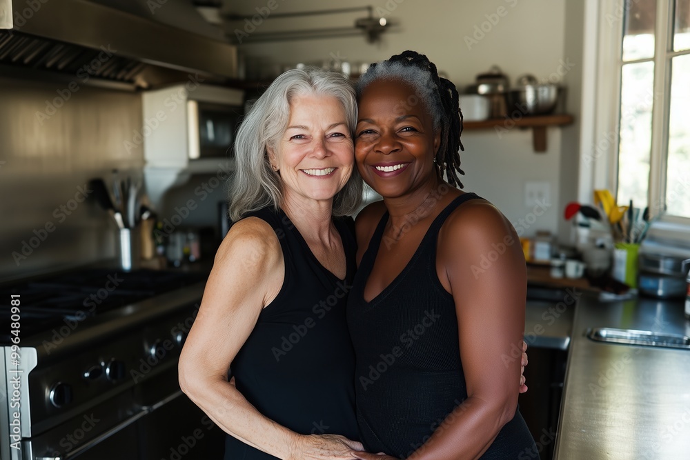 Two women are smiling and hugging in a kitchen Two women are smiling and hugging in a kitchen