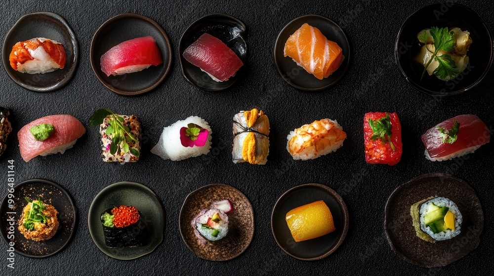 Assorted sushi dishes presented on a dark stone surface