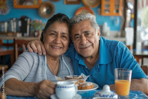 Portrait of a satisfied latino couple in their 50s having breakfast together