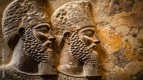 Detail of an ancient relief of two assyrian warriors. Ancient Mesopotamia. Illustration photo