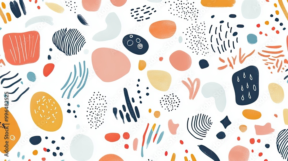 Playful abstract pattern with doodles, squiggles, and colorful shapes on a white background. Playful abstract pattern with doodles, squiggles, and colorful shapes on a white background.