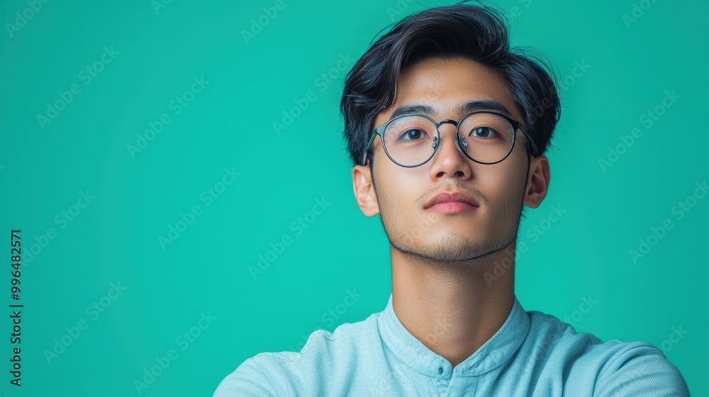 Portrait of a young Asian engineer with a determined expression on a vibrant, teal-colored background with free copy space Portrait of a young Asian engineer with a determined expression on a vibrant, teal-colored background with free copy space