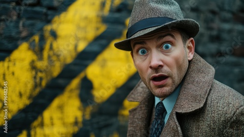 Portrait of a detective with a surprised expression on a suspenseful crime scene background