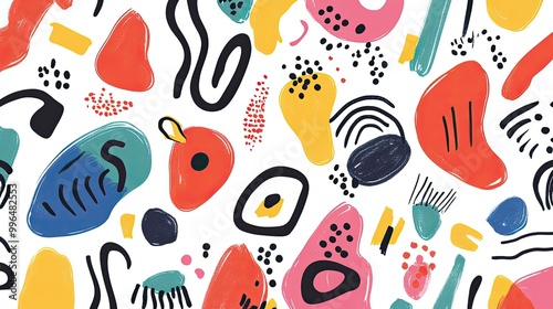 Playful abstract pattern with doodles, squiggles, and colorful shapes on a white background.