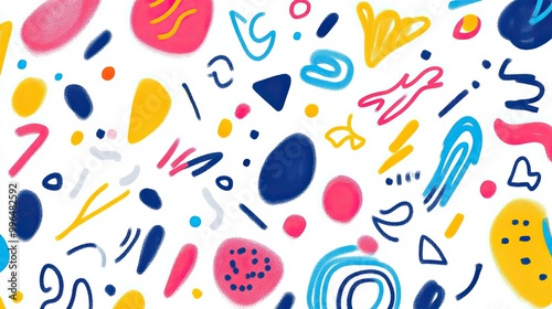 Playful abstract pattern with doodles, squiggles, and colorful shapes on a white background.