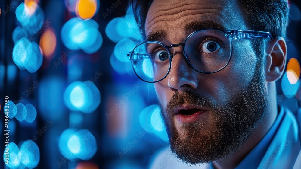 Portrait of a scientist with a surprised expression on a high tech laboratory inspired background