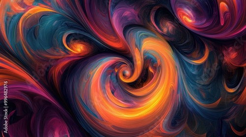 Swirling abstract pattern with bright colors and dynamic shapes, creating a sense of motion and energy.