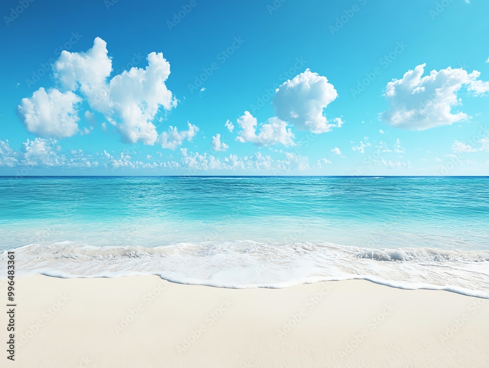 Fototapeta premium Breathtaking view of a sandy beach with calm turquoise ocean and clear blue sky adorned with fluffy white clouds.