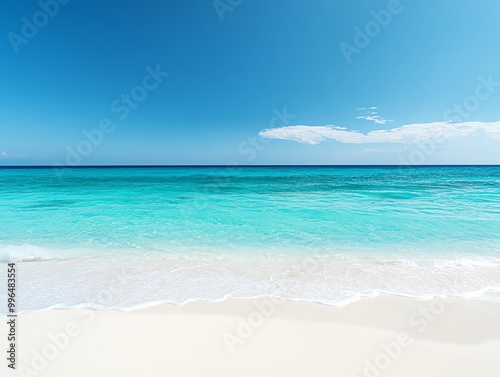 Pristine tropical beach with clear blue sky and turquoise water, perfect for relaxation and vacation getaway.