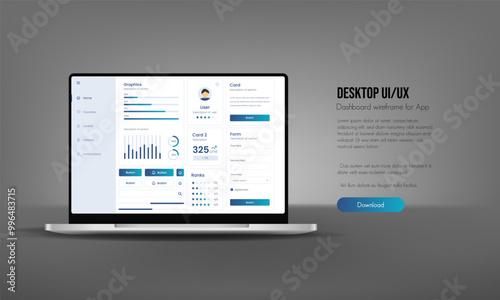User interface of an analysis panel on a laptop. UX UI design. Dashboard usability laptop on electronic devices. Charts and tables for efficient data management and monitoring.