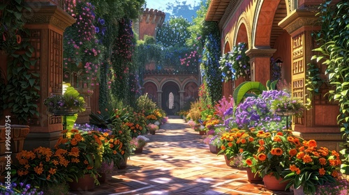 A vibrant garden path adorned with blooming flowers, lush greenery, and architectural arches, creating a serene and picturesque outdoor space.