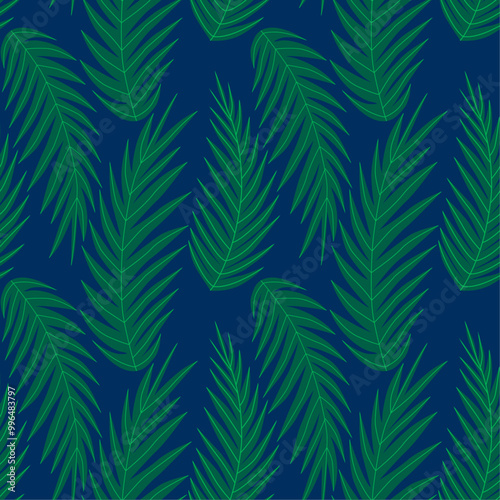 A tropical seamless pattern featuring various palm leaves. Geometrical background pattern. Botanical texture design for prints, wall art, wallpaper, textiles, and wrapping paper. Hand-drawn vector