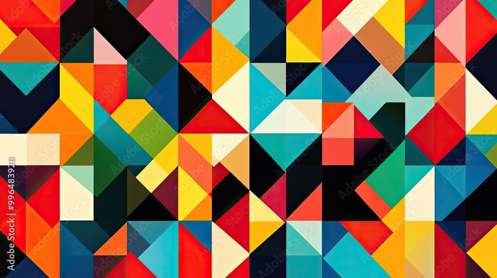 Vibrant geometric abstract pattern with colorful triangles and shapes, perfect for a bold and dynamic design. Vibrant geometric abstract pattern with colorful triangles and shapes, perfect for a bold and dynamic design.