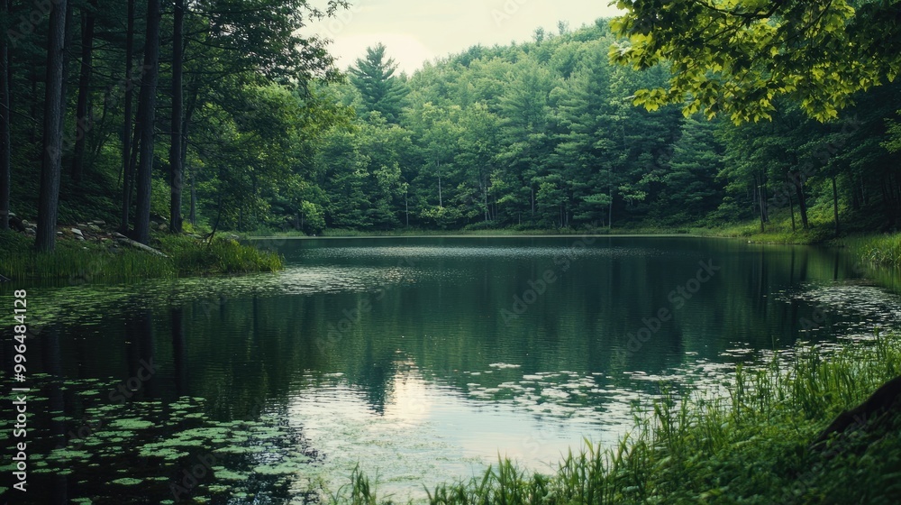 Serene Natural Setting Showcasing a Dark Lake Lush Trees and a Clear Sky Serene Natural Setting Showcasing a Dark Lake Lush Trees and a Clear Sky