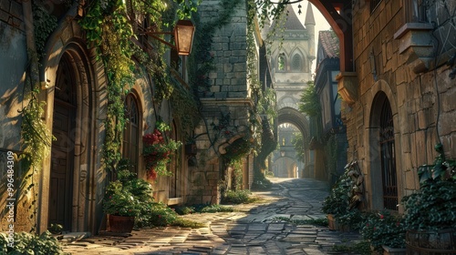 A charming, overgrown alleyway with ivy-clad stone buildings and vintage lanterns, suggesting a peaceful, historic ambiance.