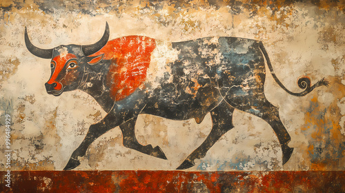Ancient wall painting of a running bull in red, black and white. Minoan Civilization. Illustration