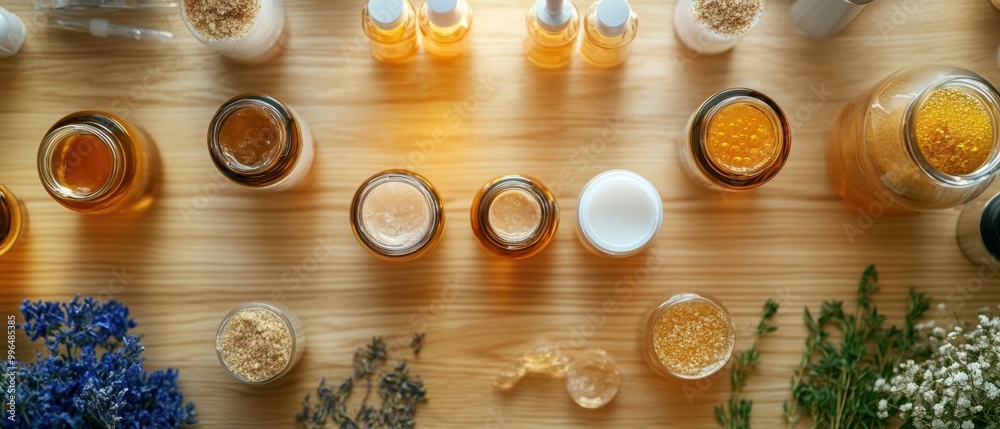 Overhead perspective of a lab workbench with natural skincare formulations and tools Overhead perspective of a lab workbench with natural skincare formulations and tools