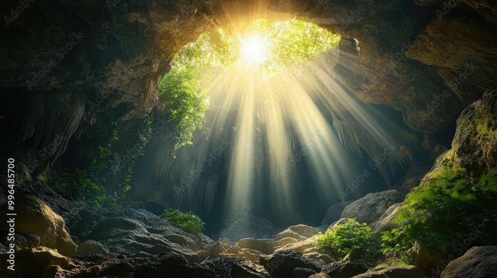 Mysterious cave featuring an opening in the ceiling where sunlight streams in from above Mysterious cave featuring an opening in the ceiling where sunlight streams in from above