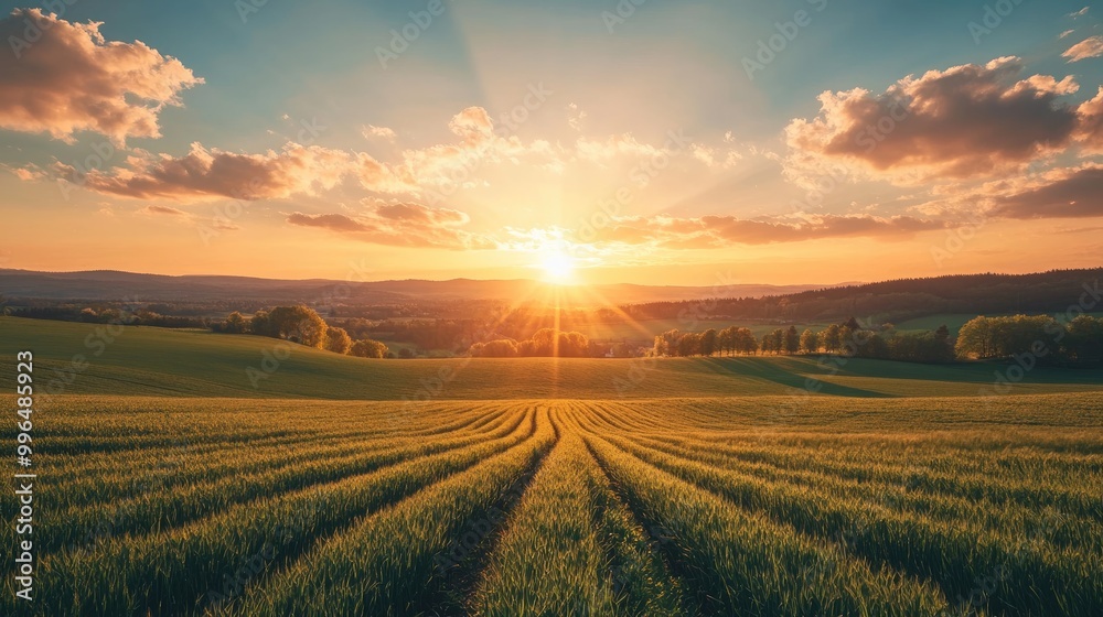Summer sunset over fields in a picturesque landscape