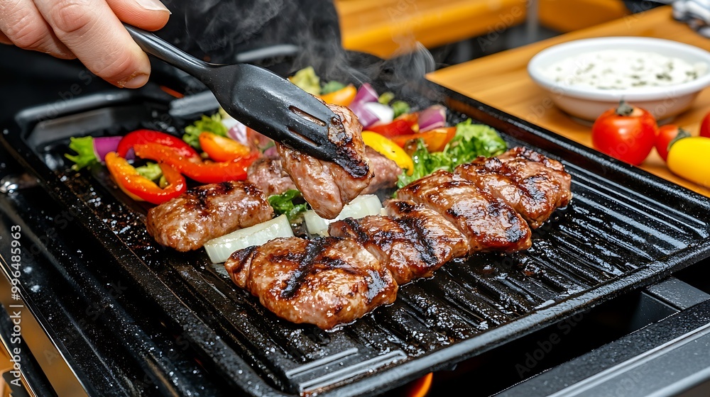 Close up of Grilling Steaks with Vegetables on a Black Grill Plate Close up of Grilling Steaks with Vegetables on a Black Grill Plate