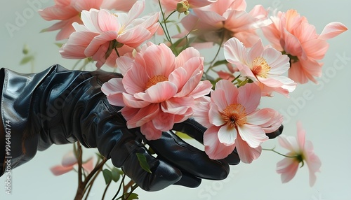 Contrasting Realism of Flowers Blooming from an Iron Glove, Merging Softness and Rigidity in Intricate Detail photo