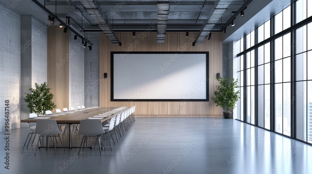 Fototapeta premium Spacious conference room with a prominent wall screen, minimalistic decor, and a modern design ready for a business event.